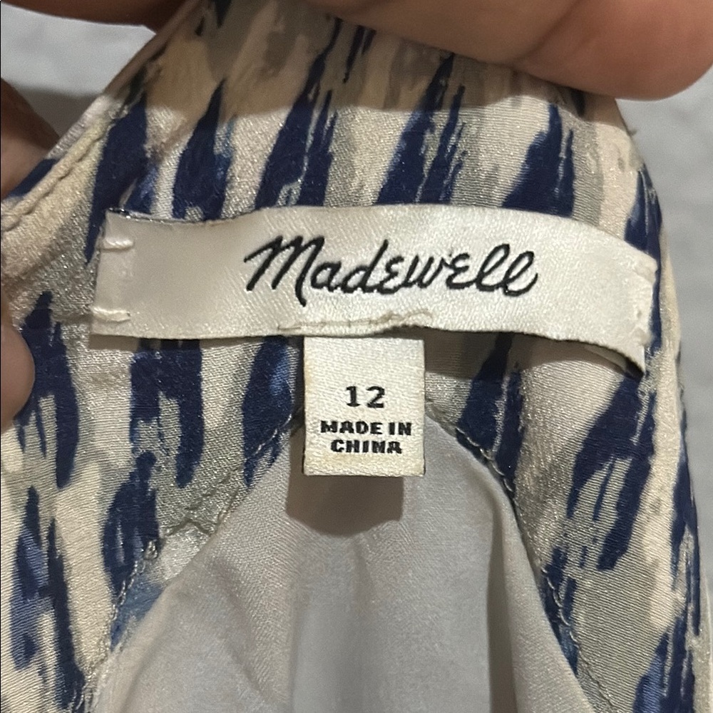 Madewell SILK sunlight painted feathers Blue grey cream Mini Dress pockets - Picture 6 of 13